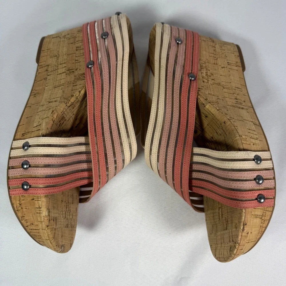 Lucky Brand‎ Myraia Cork Wedge Sandals Pink Coral Striped Elastic Straps 8.5M